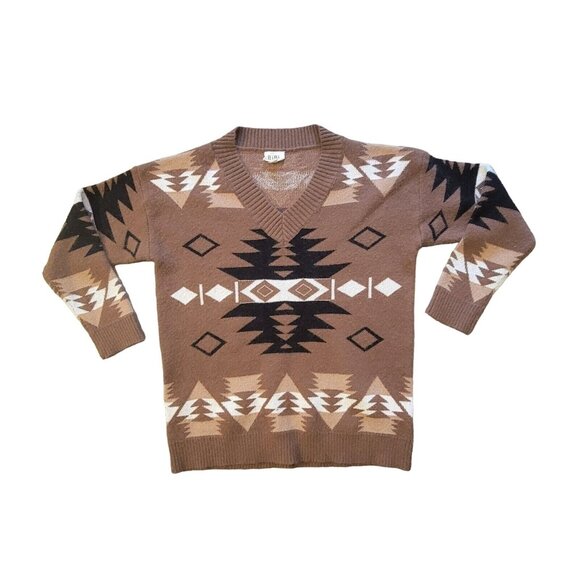 Bibi Womens Size S Brown Aztec Long Sleeve V Neck Sweater - Picture 1 of 7